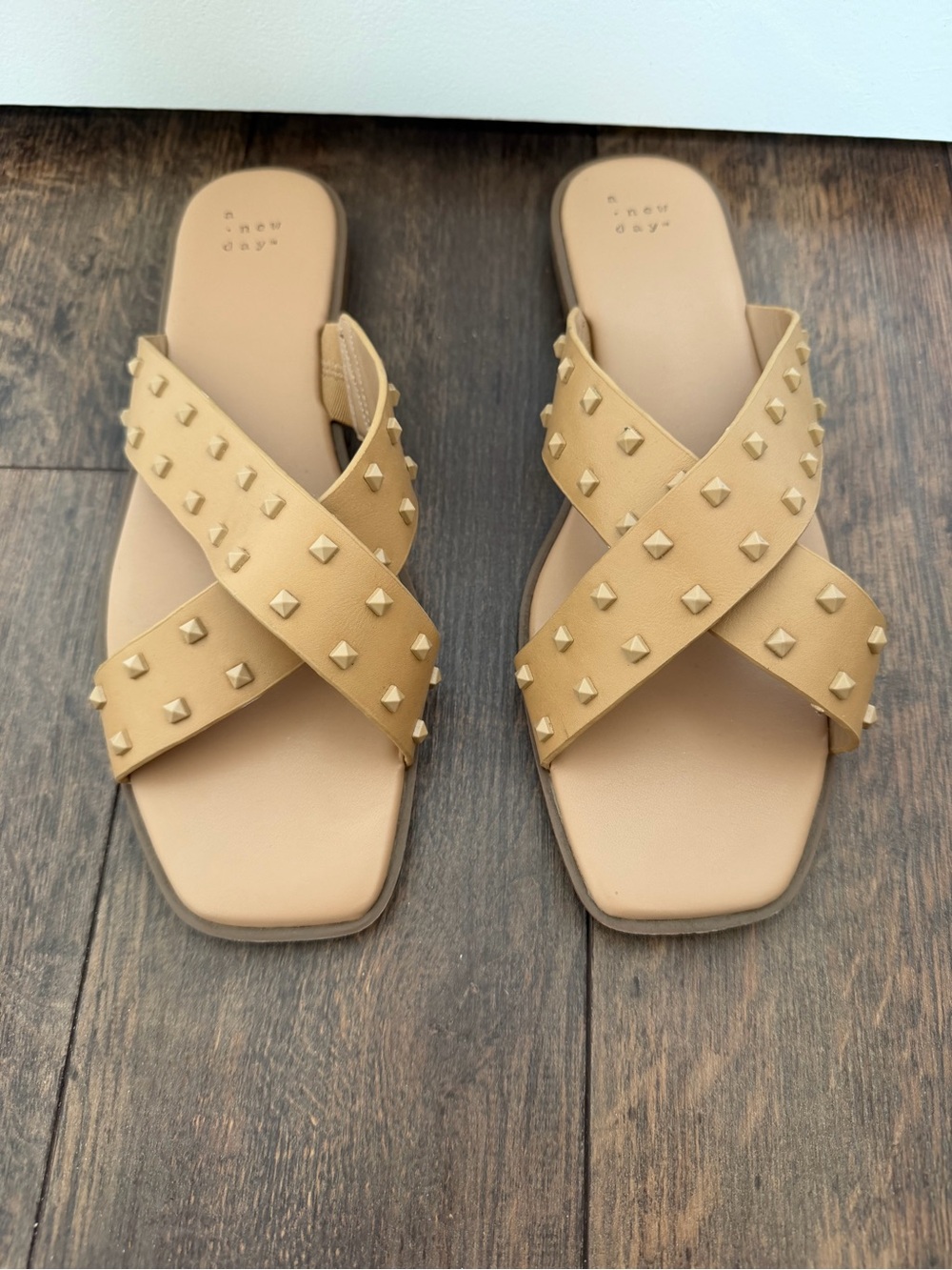 Studded Crisscross Tan Slide Sandals - Women